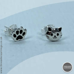 Cat and paw sterling silver stud earrings