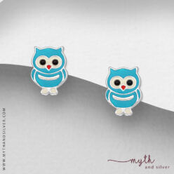 925 sterling silver owl ear studs with blue enamel