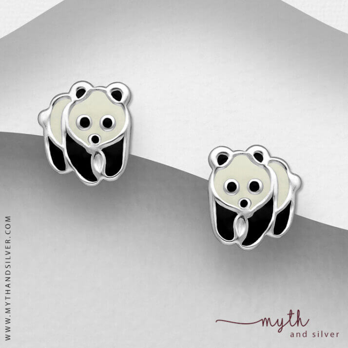 Sterling silver black and white enamel panda ear studs