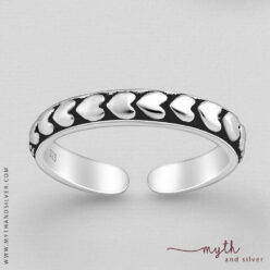 925 Sterling silver adjustable toe ring with oxidised heart pattern