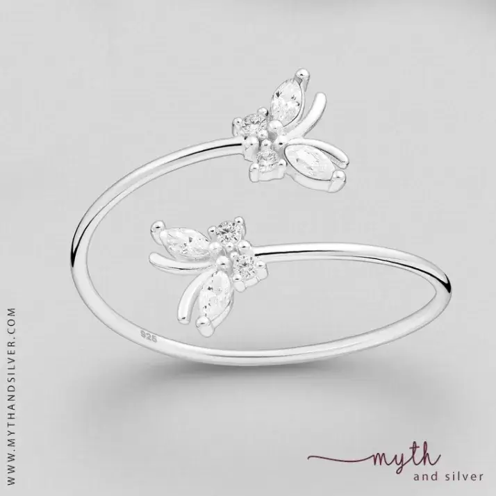 925 Sterling Silver Adjustable Butterfly Ring, Decorated with CZ Simulated Diamonds