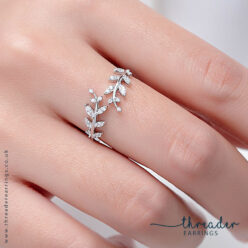 Folia Sterling Silver leaf design ring set with CZ - view on hand